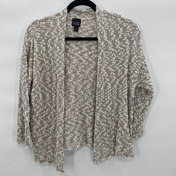 Eileen Fisher Taupe & White Cotton Silk Nylon Nubble Knit Simple Cardigan - Picture 1 of 7